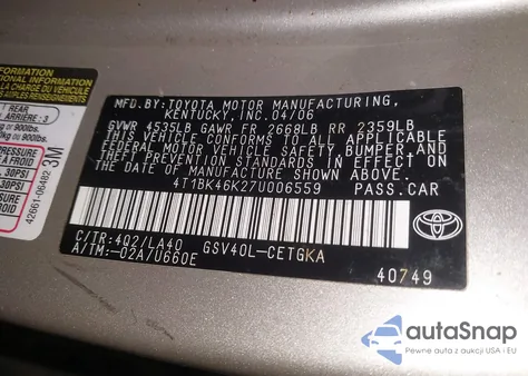 2007 Toyota Camry Xle V6 из США, поврежденный, VIN 4T1BK46K27U006559